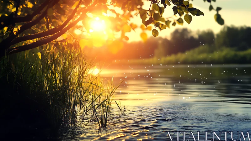 Golden sunset glows over tranquil riverside grass and ripples