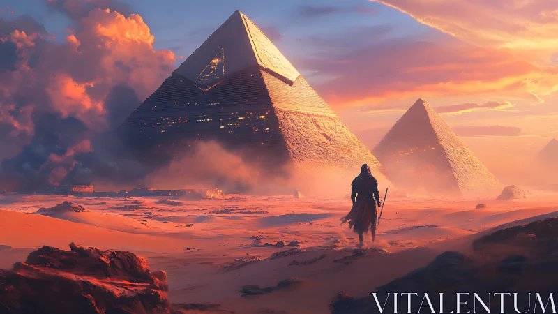 Desert sentry approaching illuminated pyramidal megastructures.