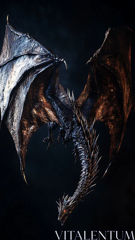 Dark metallic dragon with spread wings against black sky.