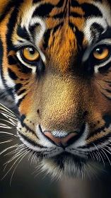 Tiger face close-up shows detailed fur, whiskers and eyes