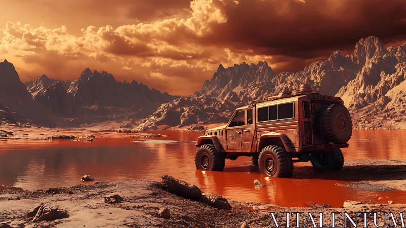 Off-road exploration rover beside ferric liquid lake on Mars.