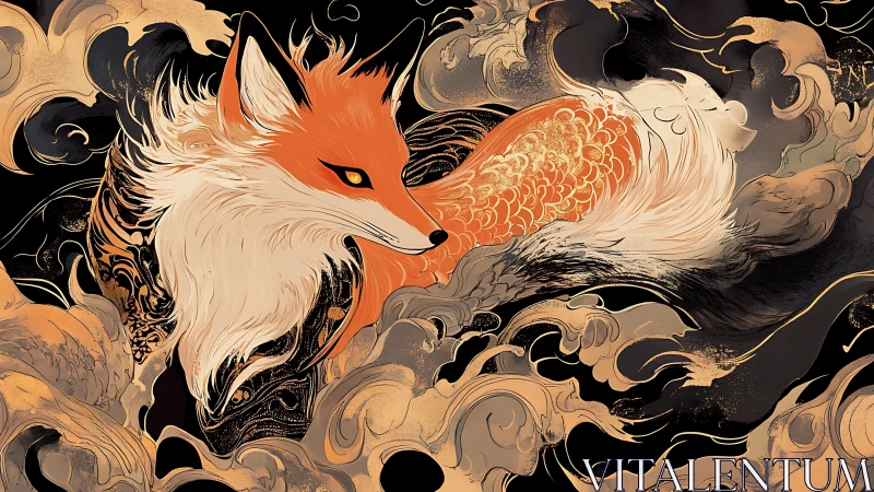 Mythic fox koi hybrid glides through swirling golden waves.
