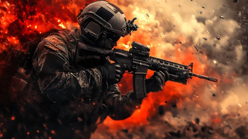 Combat soldier charging through explosive battle chaos.