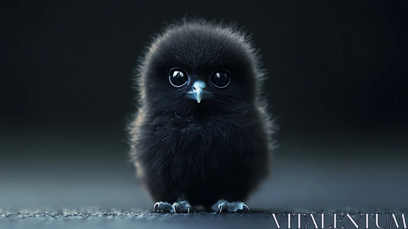 Tiny black chick with glossy eyes on dark backdrop.