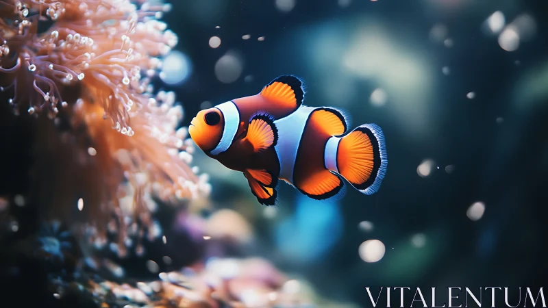 Clownfish drifting through luminous coral reef waters.