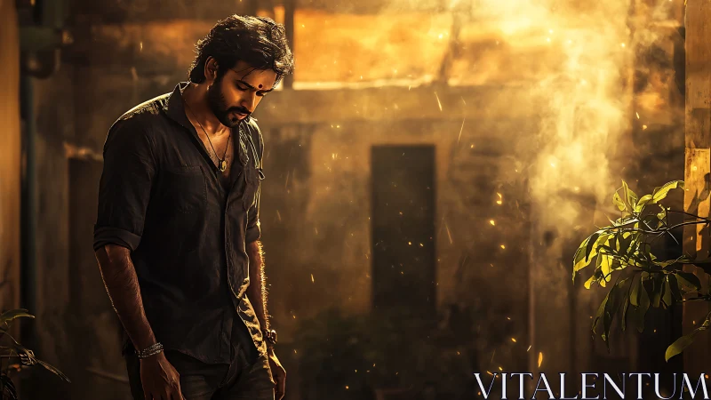 Backlit male figure in warm volumetric dust with cinematic bokeh