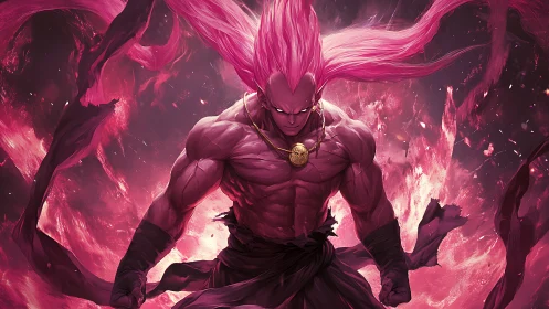 Muscular pink-haired warrior channels explosive arcane energy