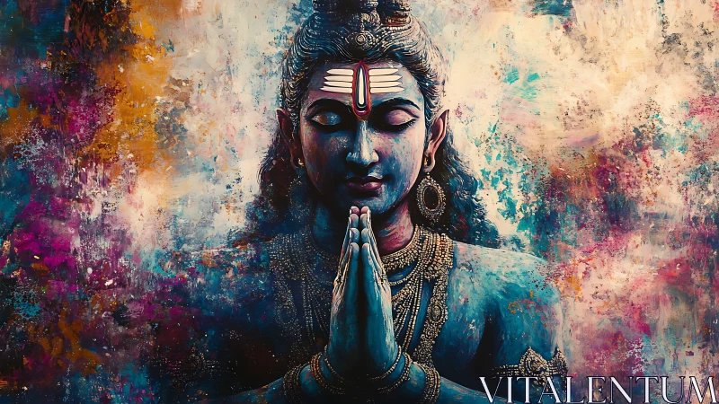 Meditative blue deity rendered against abstract chromatic field