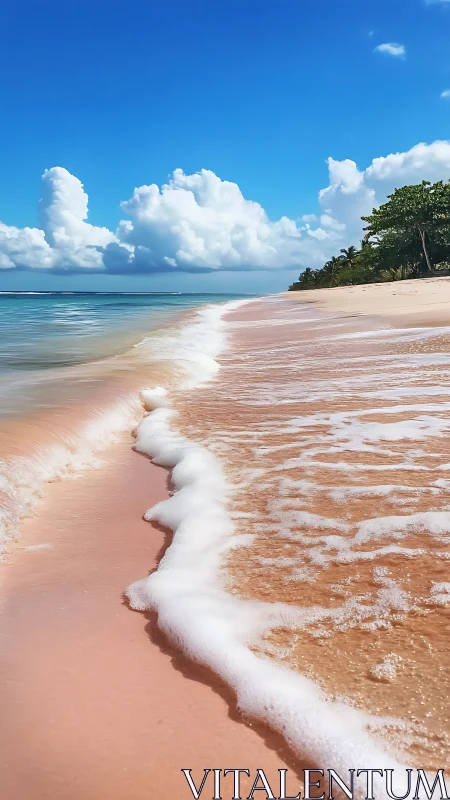 Photorealistic pink shoreline with dynamic wave perspective.
