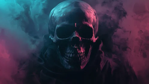Neon-lit skeletal visage emerging through swirling smoke.