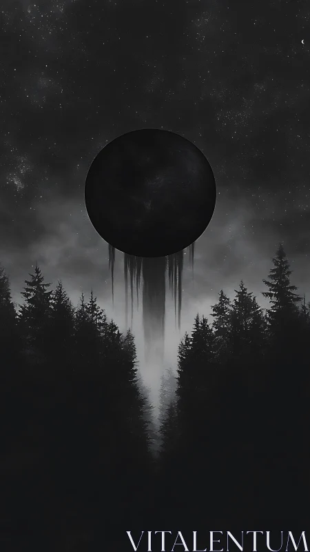 Midnight void eclipsing pines beneath a dripping cosmos.