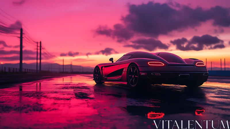 Sports car on wet road under vivid pink sunset sky.