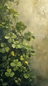 Clover foliage rendered against textured, light-worn plaster wall