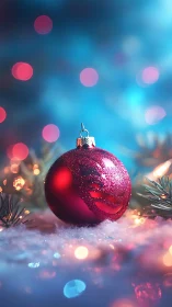 Red ornament on artificial snow with defocused colored lights.
