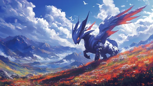 Skyforged dragon sentinel over wildflower ember hills.