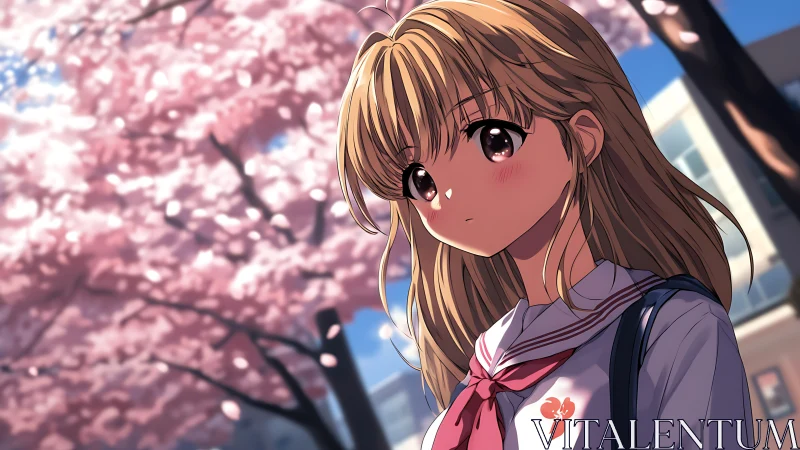 Anime schoolgirl under chromatic bokeh of spring sakura light.
