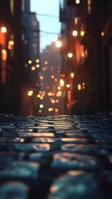 Wet cobblestone alleyway captures bokeh city lights at dusk