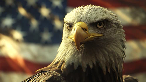 Majestic bald eagle portrait with defocused flag backdrop.