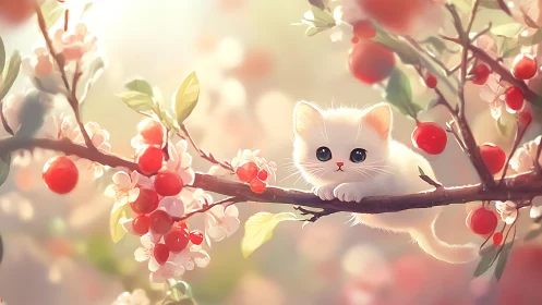 White Kitten Perched Among Flowering Branches and Red Berries