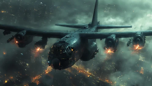 Night-raid gunship over neon megacity in turbulent cloudfield.