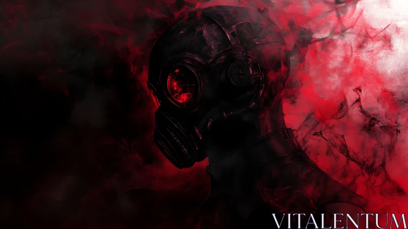 Cyberpunk gas mask portrait in red atmospheric silhouette.