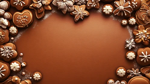Spiced gingerbread garland frames a warm caramel canvas.