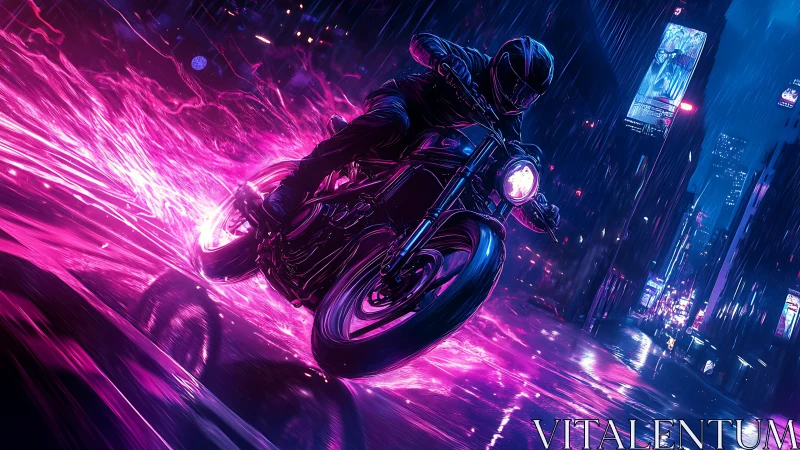 Cyberpunk neon rider carving velocity through wet skyline streets.