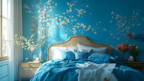 Dreamy blue bedroom invites calm rest amid floral beauty