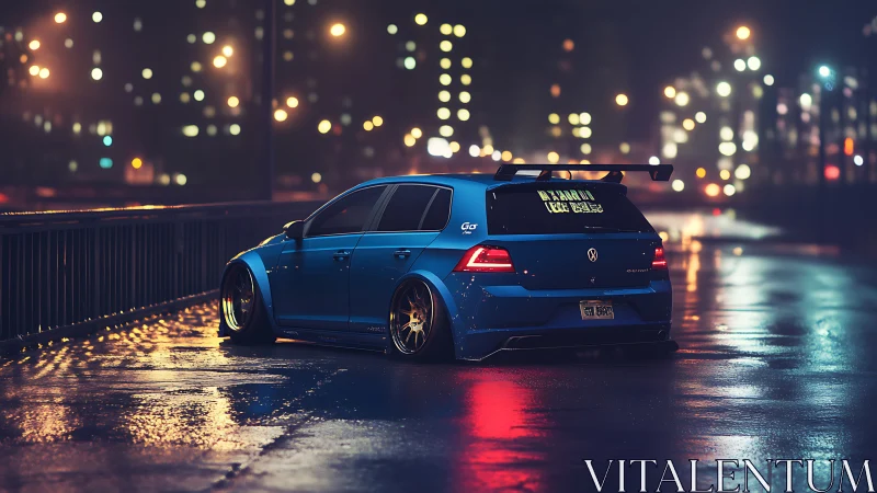 Midnight-tuned hatchback hums quietly through neon rain