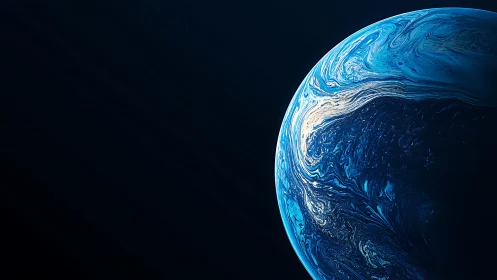 Blue marbled planetary sphere against dark space field.