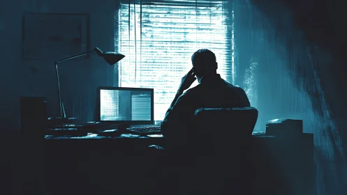 Midnight coder weighs bright ideas against a glowing screen