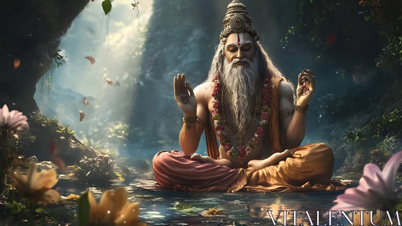 Meditating sage figure in forest stream with floral elements.