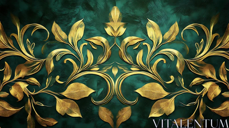 Gold botanical scrollwork on textured emerald green background.