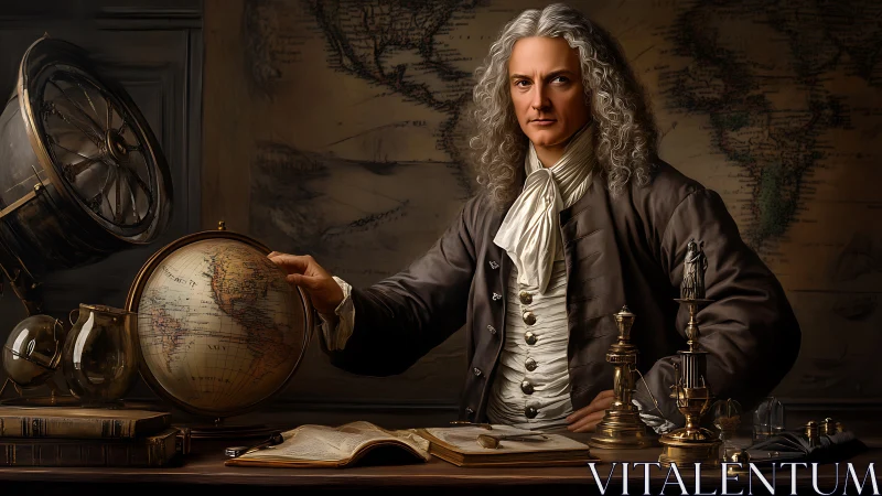 Seated scholar rests hand on terrestrial globe in study