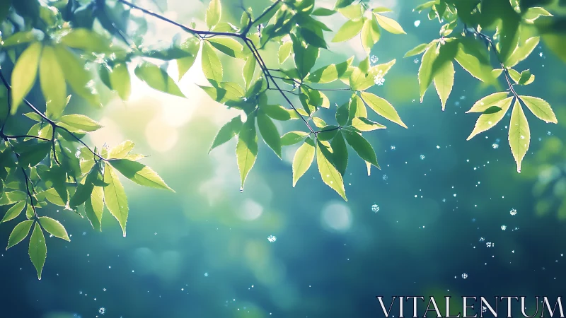 Backlit spring foliage with atmospheric bokeh diffusion.