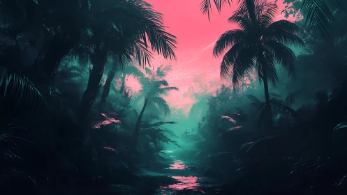 Tropical Jungle Pathway Under Surreal Pink Sky
