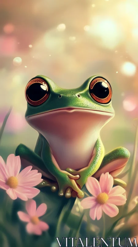 Dreamy tree frog gazes peacefully amid glowing blossoms
