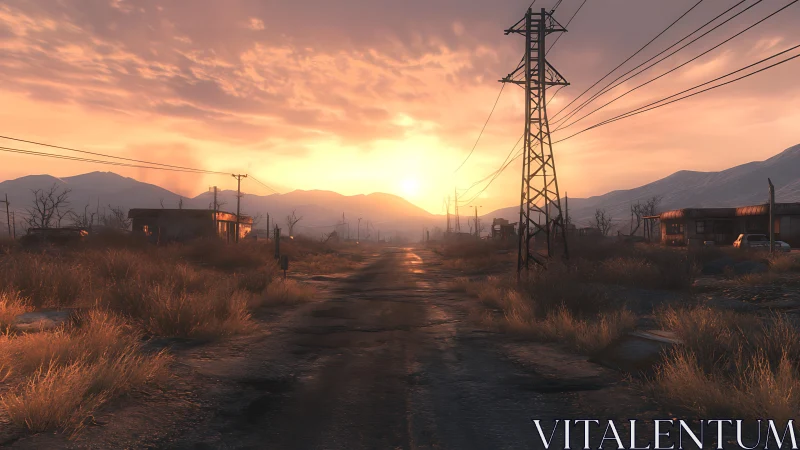 Sunset over derelict roadside powerlines, 3D atmospheric vista.