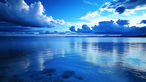 Vast blue seascape reflects dramatic clouds at dusk.