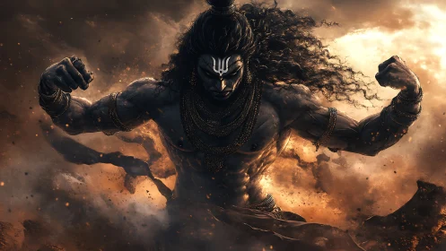 Powerful celestial warrior rises in swirling fiery storm