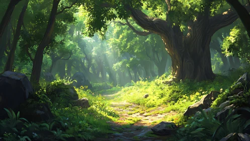 Luminous Forest Cathedral: Ancient Trees Frame the Sacred Passage.