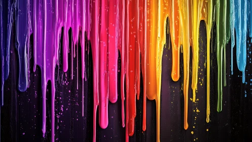 Vertical rainbow drips of glossy paint on dark surface.