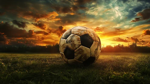 Weathered soccer ball on grass field under vivid sunset sky.