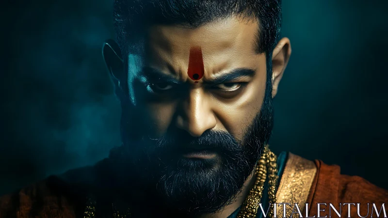 Intense bearded man with tilak in dramatic moody lighting.