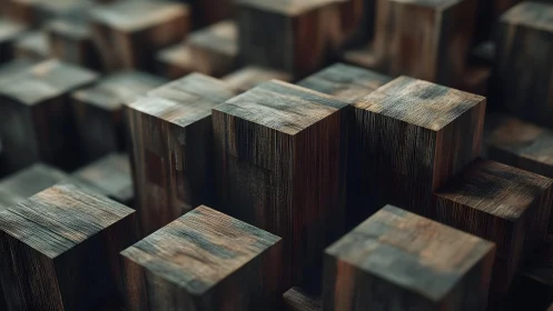 Weathered wooden cubes forming dense abstract gridscape.