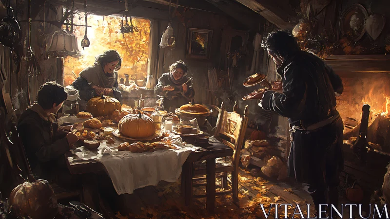 Autumn family gathers around rustic table in warm chiaroscuro