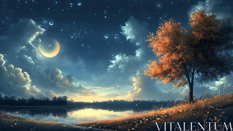 Crescent moons over reflective lake with backlit autumn tree at dusk