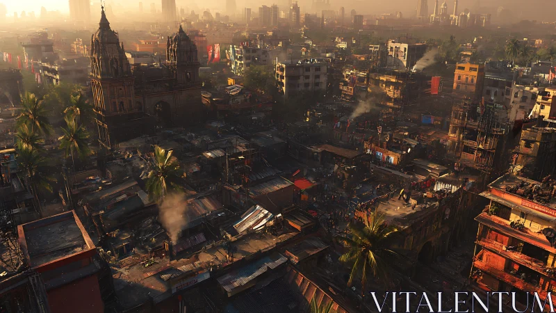 Dense urban district at sunset with crowded low-rise housing.