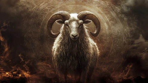 Ram stands centered before circular ornate background design