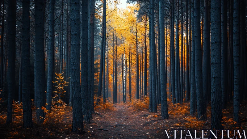 Autumn Forest Path: Tall Pines with Golden Canopy Backlighting.